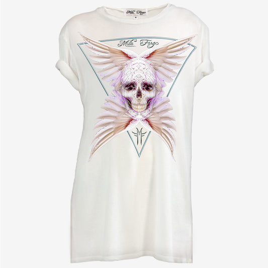 ANGEL ROSE FEATHER SKULL T-SHIRT | White MF