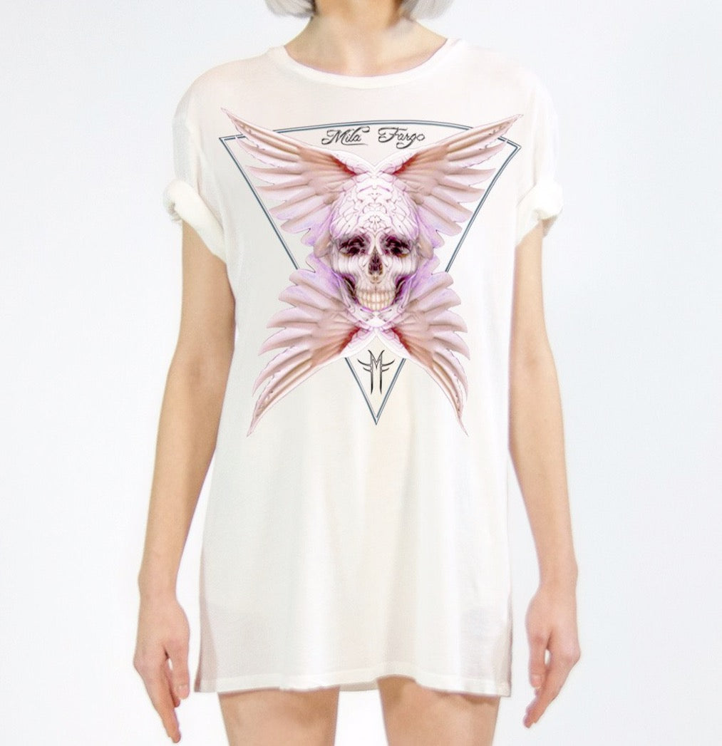 ANGEL ROSE FEATHER SKULL T-SHIRT | White MF