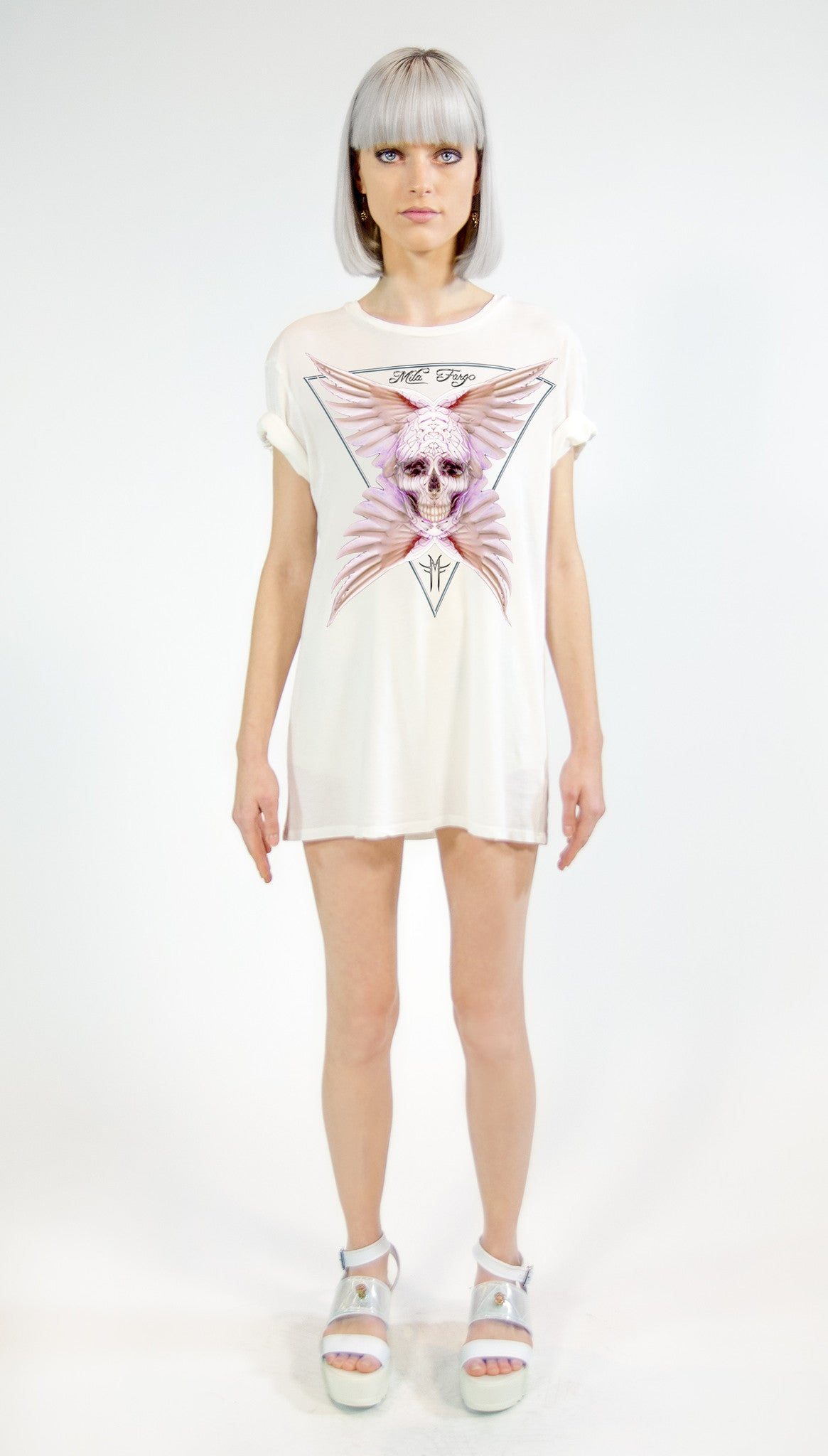 ANGEL ROSE FEATHER SKULL T-SHIRT | White MF