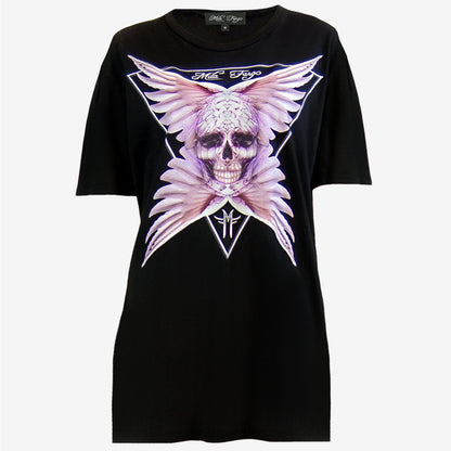 ANGEL ROSE FEATHER SKULL T-SHIRT | Black MF