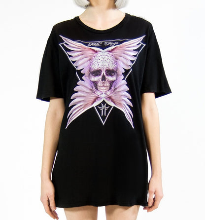 ANGEL ROSE FEATHER SKULL T-SHIRT | Black MF