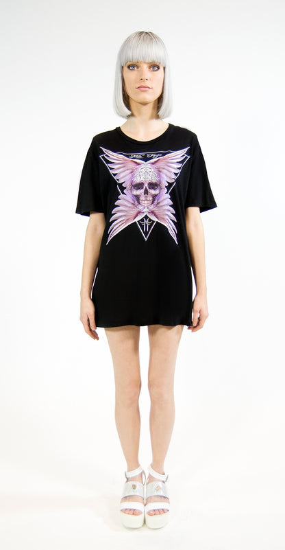 ANGEL ROSE FEATHER SKULL T-SHIRT | Black MF