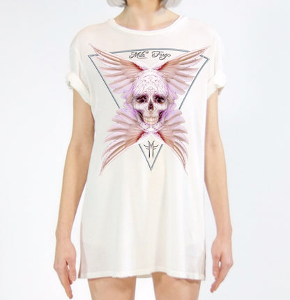 ANGEL ROSE FEATHER SKULL T-SHIRT | White MF